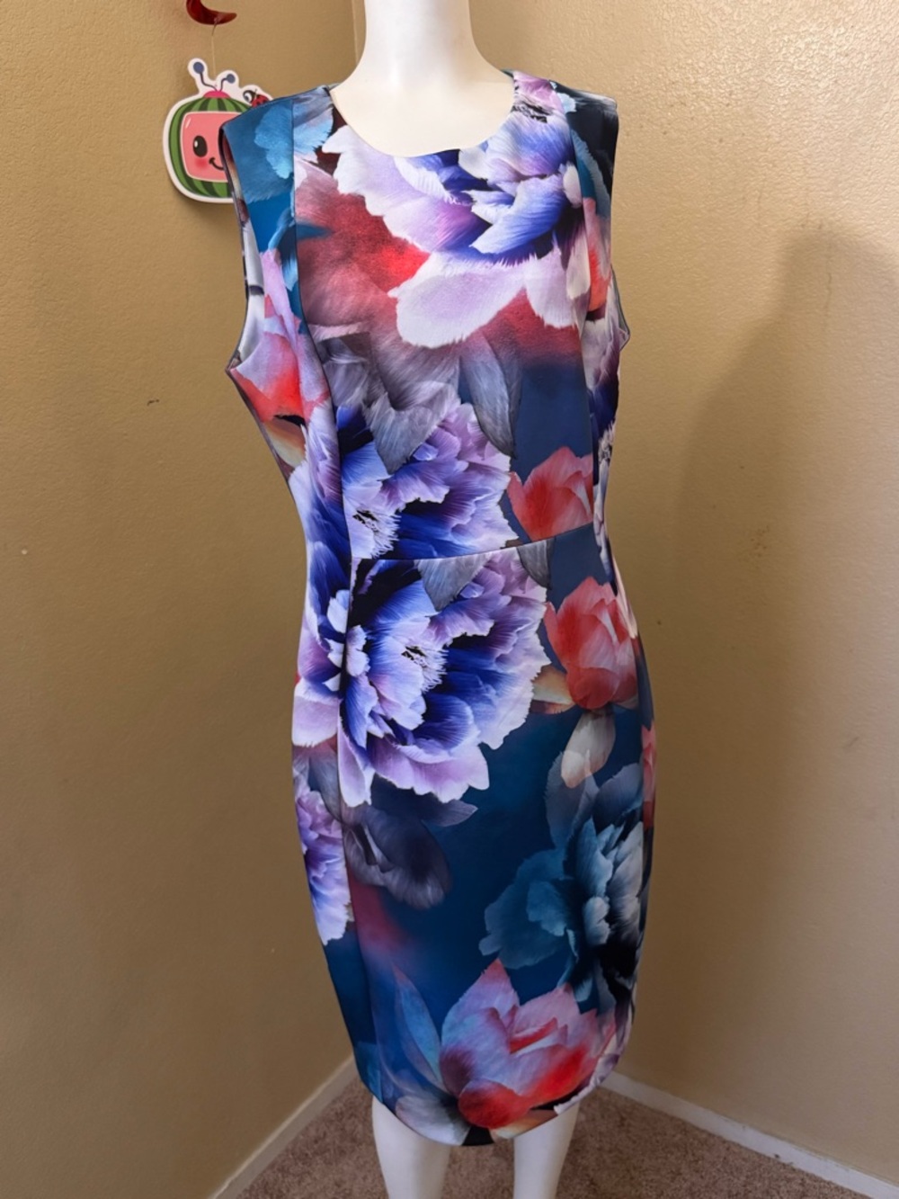 Calvin Klein Floral Sheath Dress in Navy with Pink and Red Accents